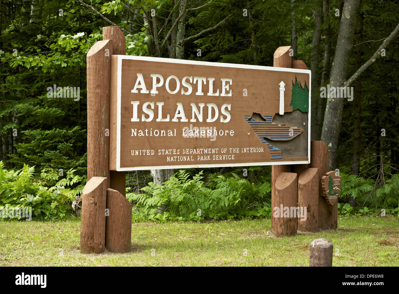 Apostle Islands National Lakeshore Entrance Sign. United States Department of the Interior National Park Service. Stock Photo