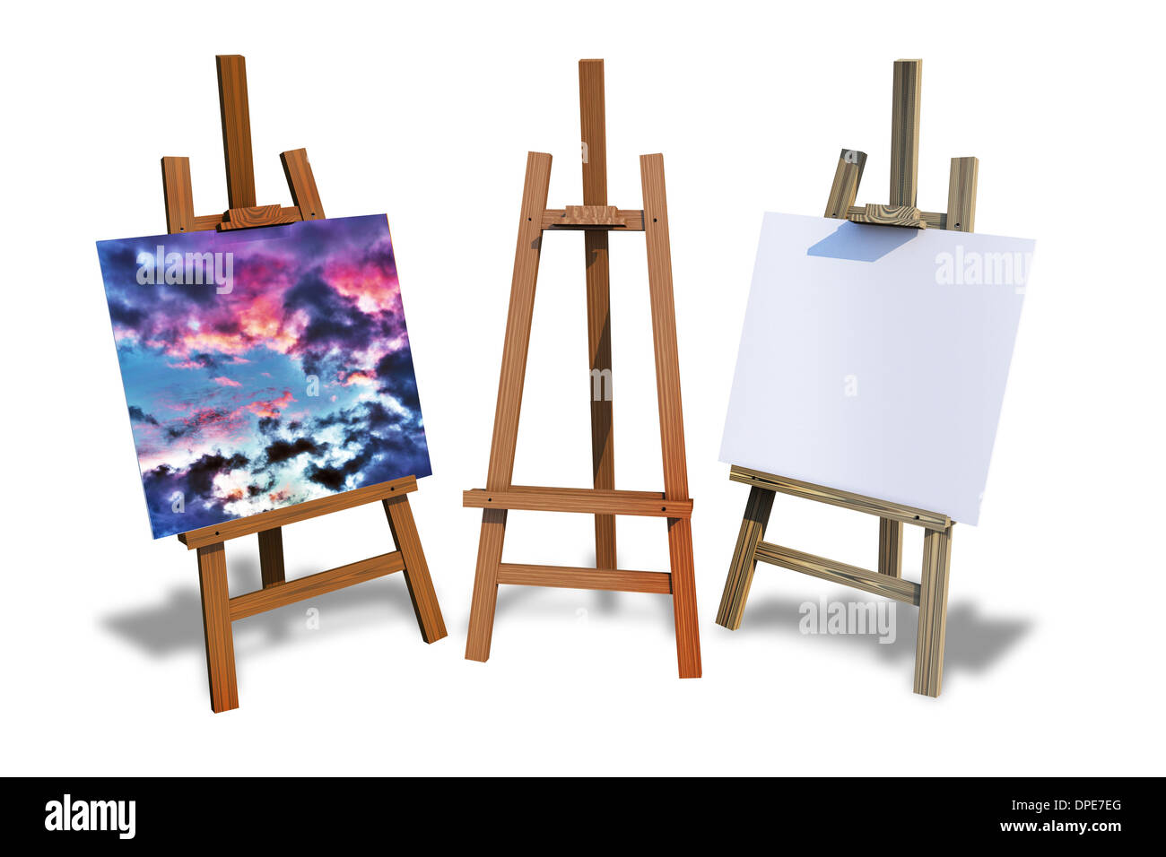 Wood Painting Easels Isolated on White. Painting Theme Illustration. Three Painting Easels. One with Paint, One with Empty Canva Stock Photo