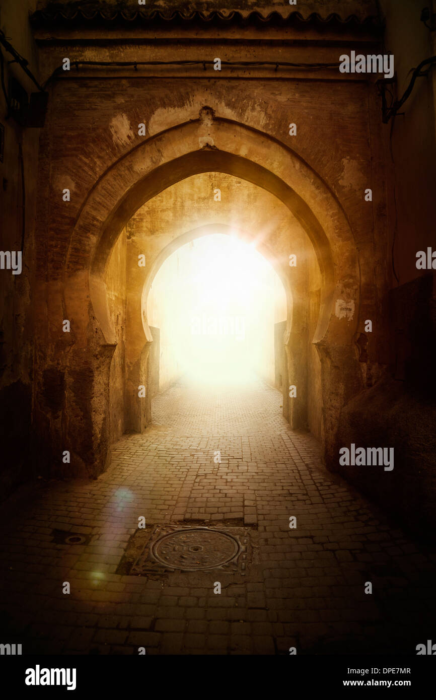 Archway with sunlight, Marrakech, Morocco Stock Photo