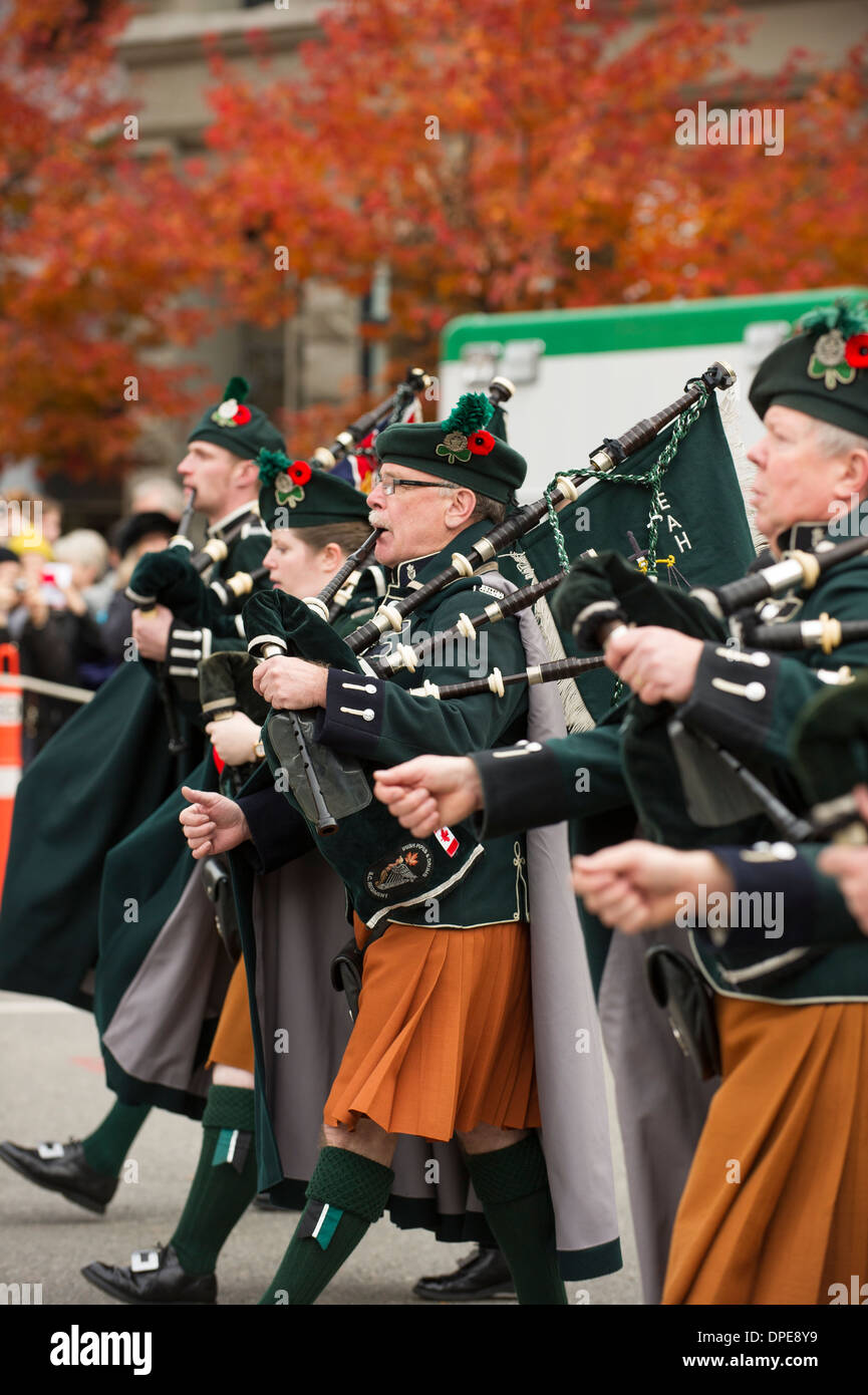 The British Columbia Regiment Irish Pipes and Drums Vancouver Remembrance Day Memorial Ceremony. Stock Photo