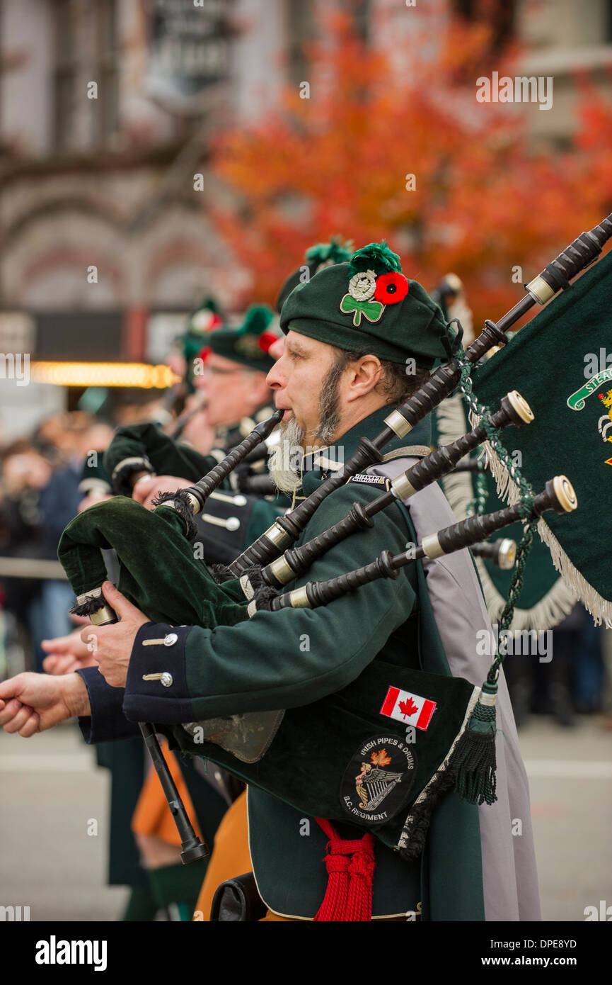 The British Columbia Regiment Irish Pipes and Drums Vancouver Remembrance Day Memorial Ceremony. Stock Photo