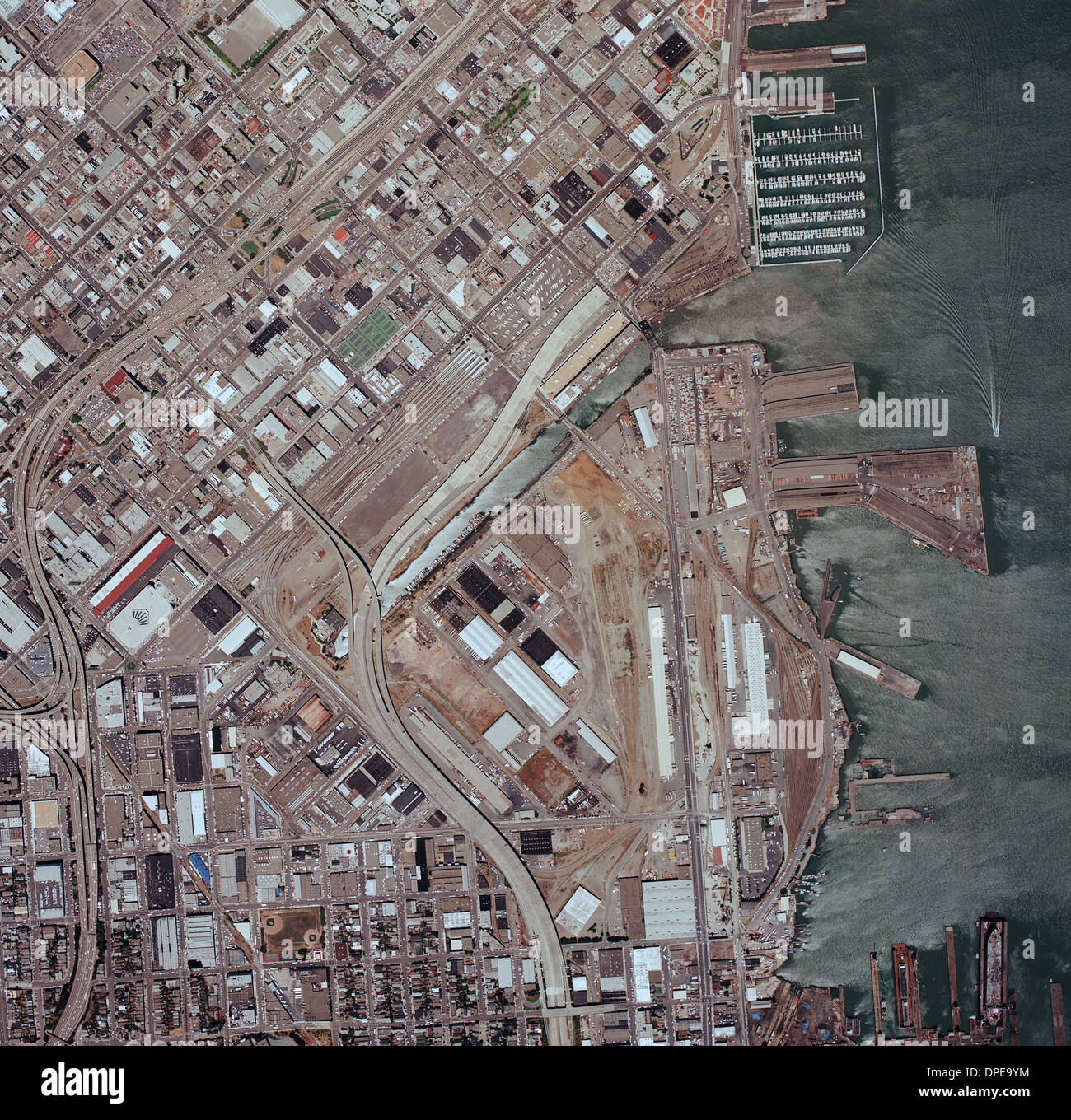 historical aerial photograph Mission Bay, San Francisco, California, 1991 Stock Photo