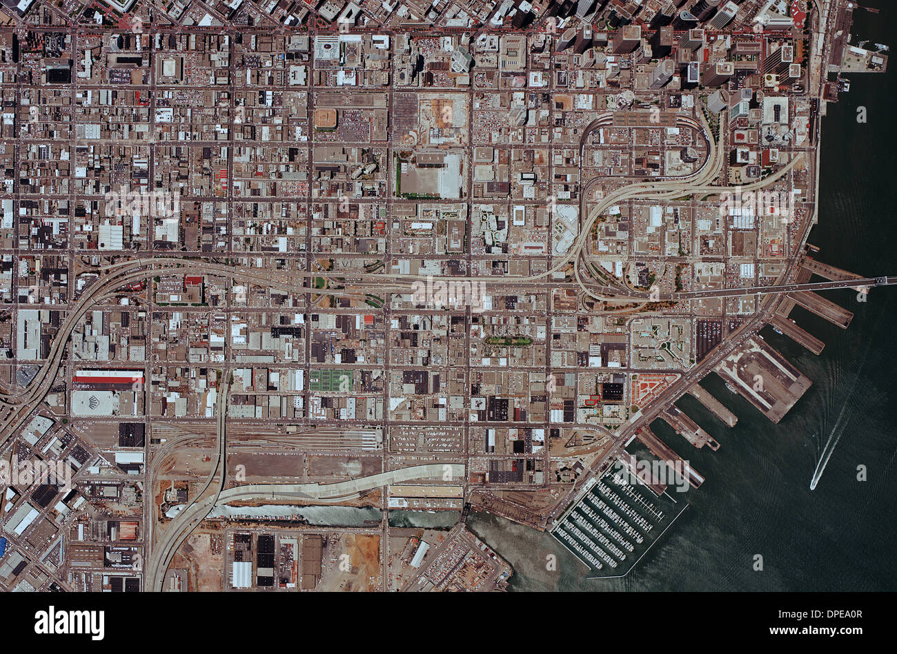 historical aerial photograph SOMA, San Francisco, California, 1991 Stock Photo
