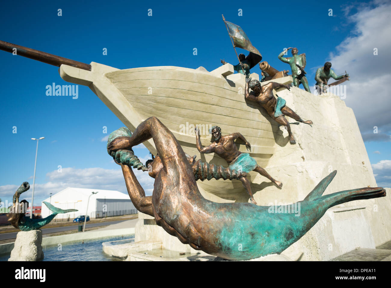 PUNTA ARENAS, Chile - A new monument paying tribute to the region's maritime history on the waterfront of the Strait of Magellan in Punta Arenas, Chile. The city is the largest south of the 46th parallel south and capital city of Chile's southernmost region of Magallanes and Antartica Chilena. Stock Photo