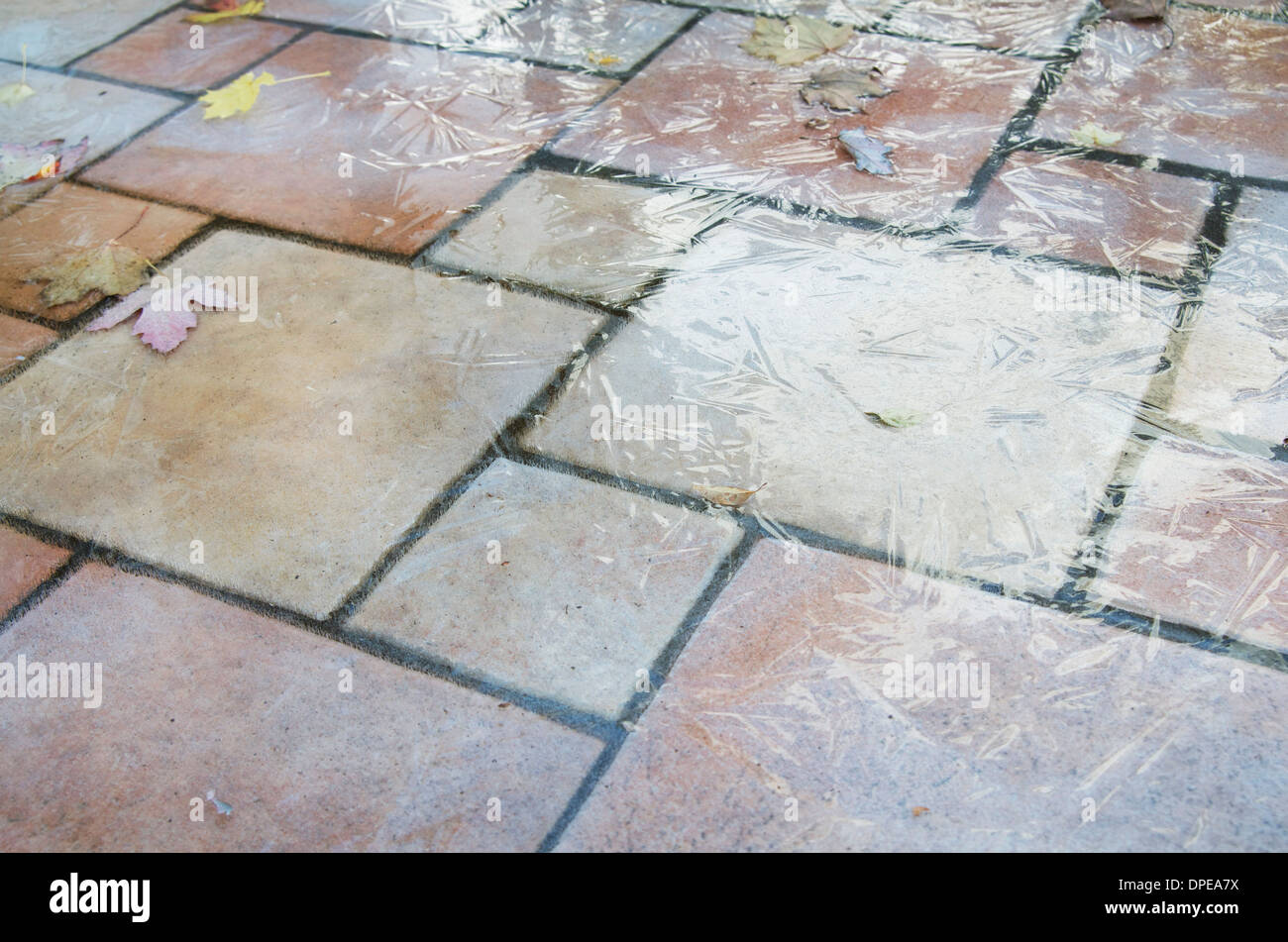 Glare ice on ceramic tile outdoors that is very dangerous Stock Photo