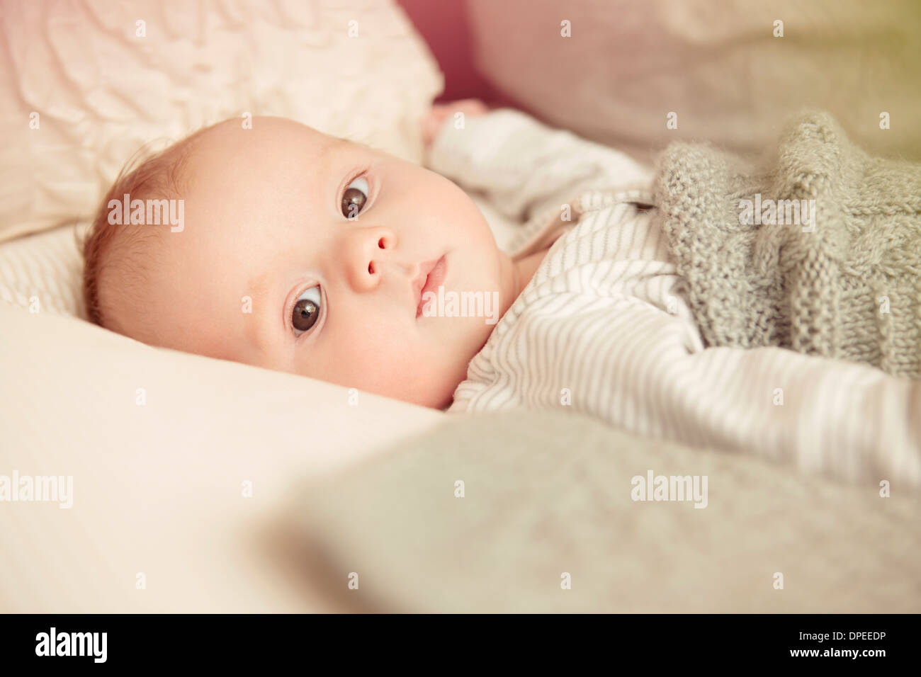 Two month old baby boy lying awake in crib Stock Photo Alamy