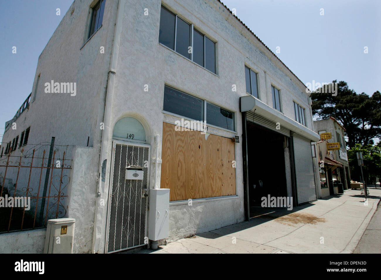 (Published 8/11/2006, B-1:R,S) August 9, 2006, San Ysidro, California, USA.  Story is on a 1927 building designed by architect LOUIS GILL purchased by the community service group Casa Familiar in San Ysidro. It housed the city's first dry goods store. More recently it was a smog inspection shop. The group is restoring as much of the building as possible to its original condition, i Stock Photo