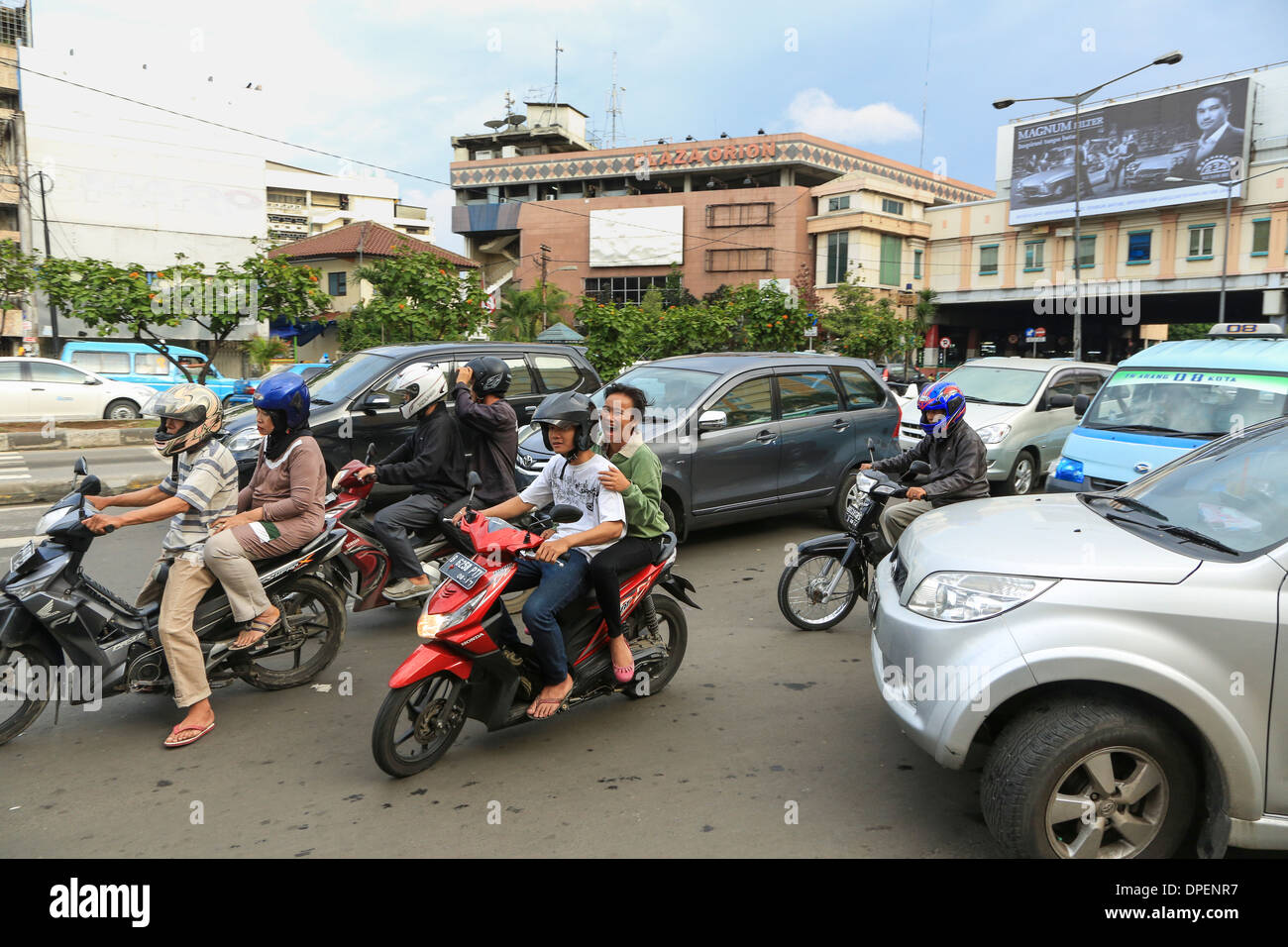 Traffic on Gajah Mada in Glodok (Chinatown), Jakarta, Indonesia Stock Photo