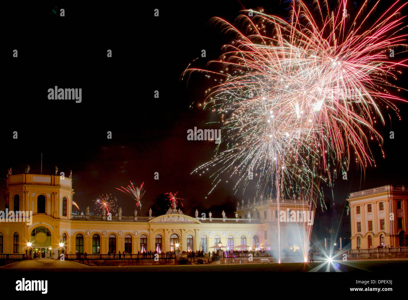 New Year's Eve fireworks in front of the Orangerie, Kassel, Hesse