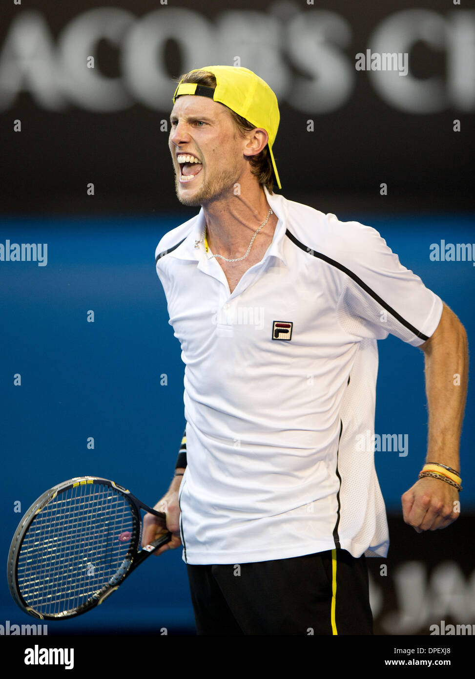 Melbourne, Australia. 14th Jan, 2014. Italy's Andreas Seppi celebrates  after his men's singles first round match against Australia's Lleyton  Hewitt in Melbourne, Australia, on Jan. 14, 2014. Seppi won 3-2. Credit: Bai