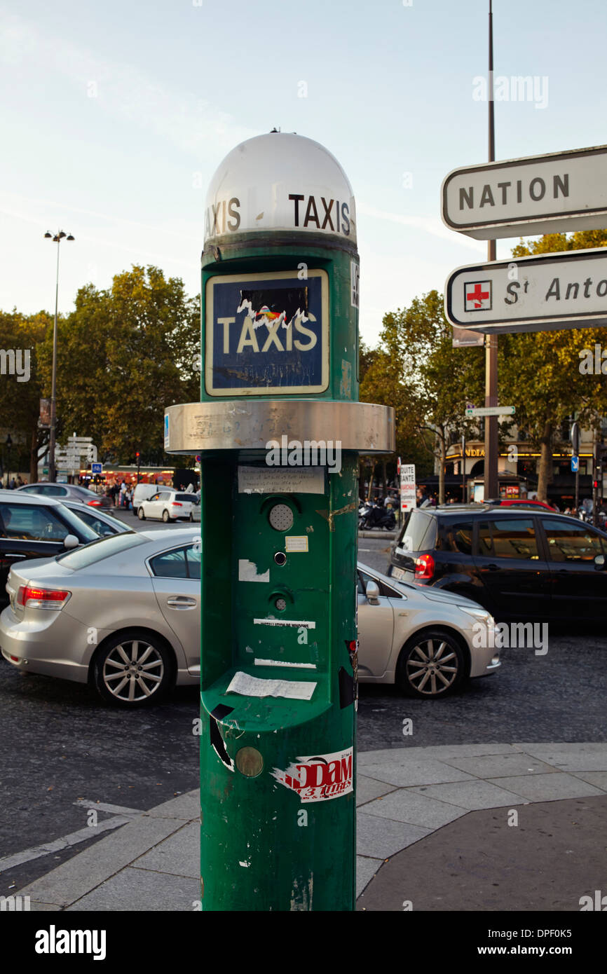 Taxi stand and calling station in Bastille area of Paris Stock Photo
