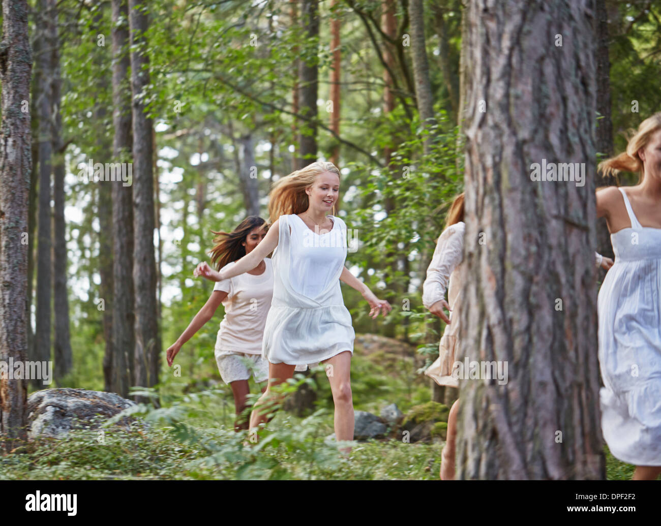 Teenage Girls Running In Forest Stock Photo 65484806 Alamy