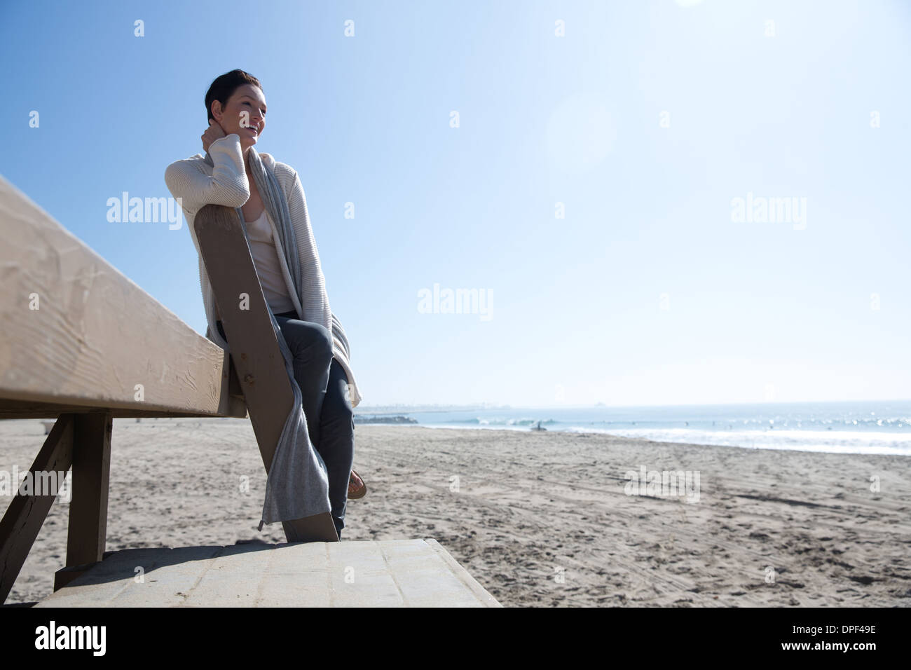 Mature woman on Newport Beach, California, USA Stock Photo