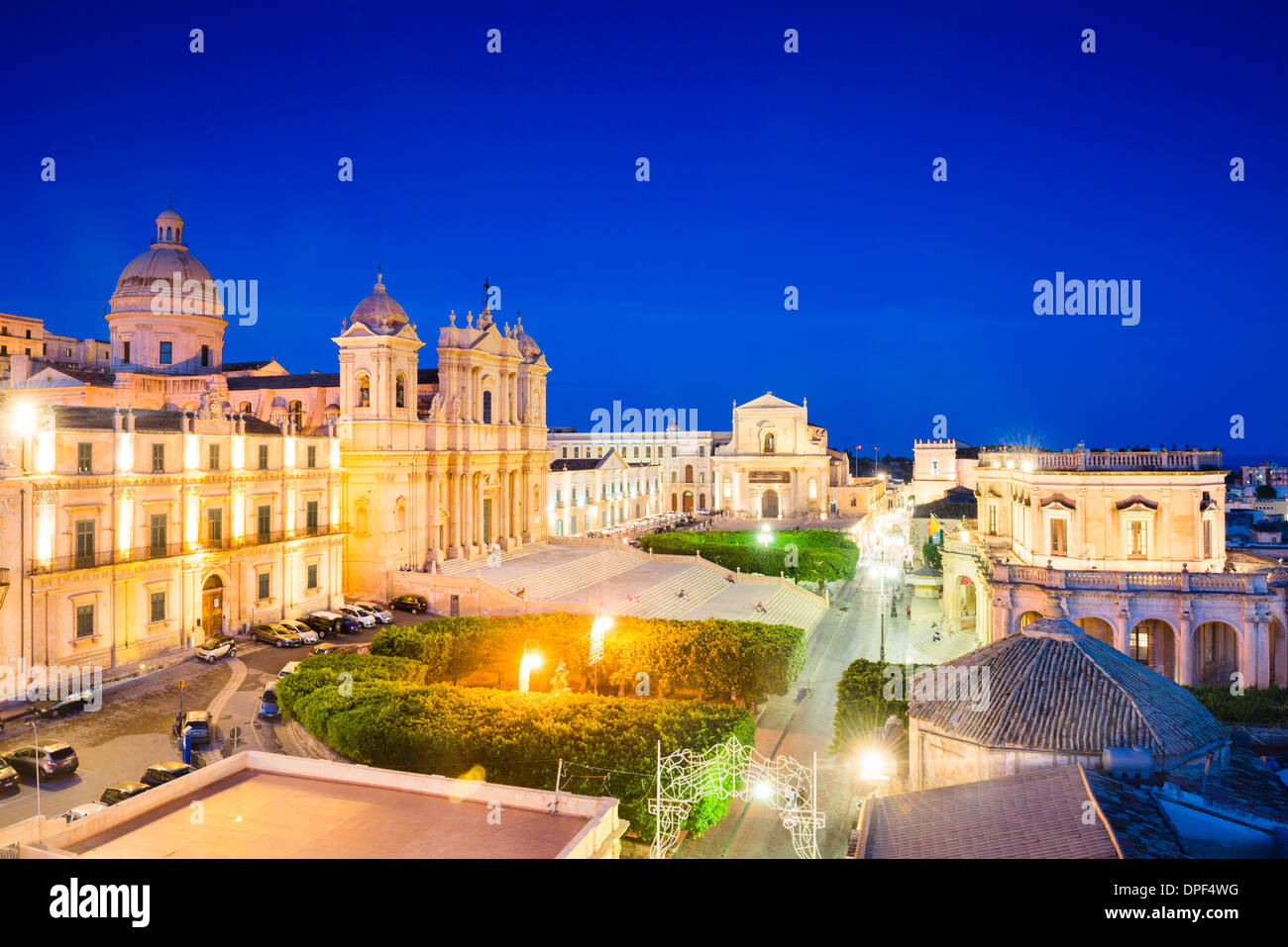 St. Nicholas Cathedral, Church of San Salvatore and Town Hall, Piazza del Municipio, Noto, UNESCO Site, Sicily, Italy Stock Photo