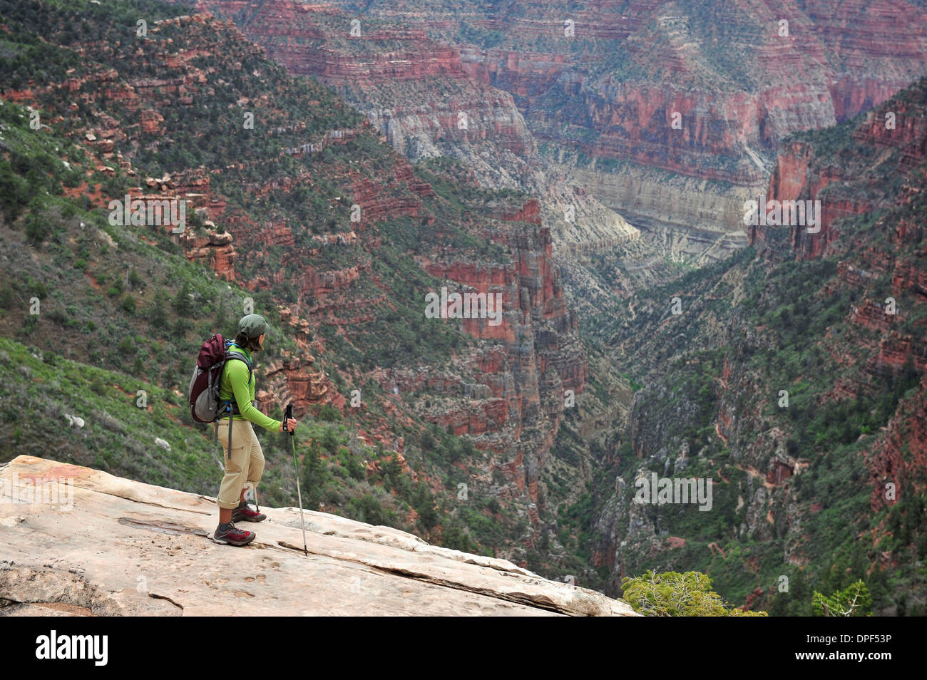 Female backpacker viewing Grand Canyon, Flagstaff, Arizona, USA Stock Photo