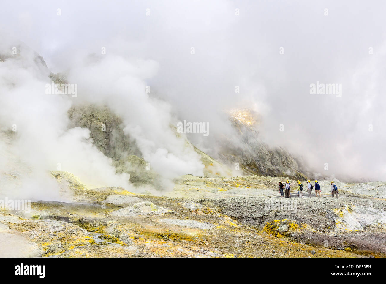 Visitors at an active andesite stratovolcano on White Island, North Island, New Zealand, Pacific Stock Photo