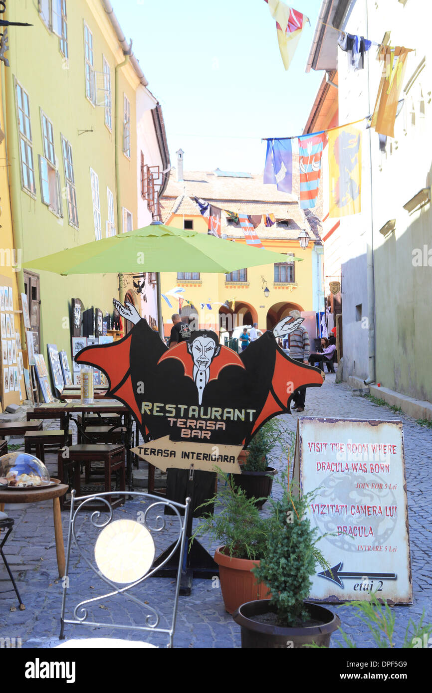 A Dracula themed restaurant in medieval Sighisoara, a UNESCO world heritage site, in Transylvania, Romania, Eastern Europe Stock Photo