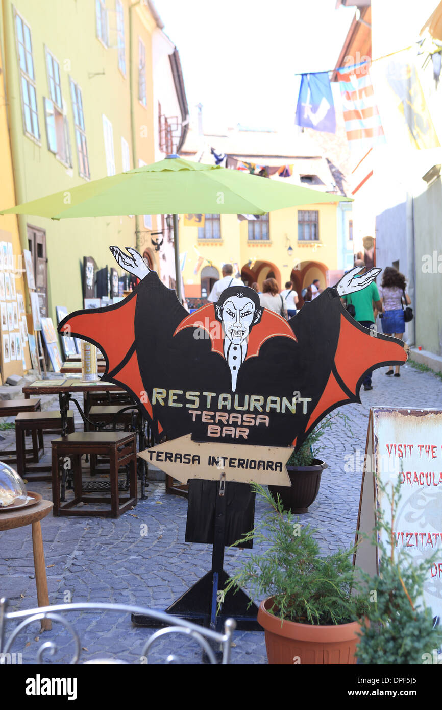 A Dracula themed restaurant in medieval Sighisoara, a UNESCO world heritage site, in Transylvania, Romania, Eastern Europe Stock Photo