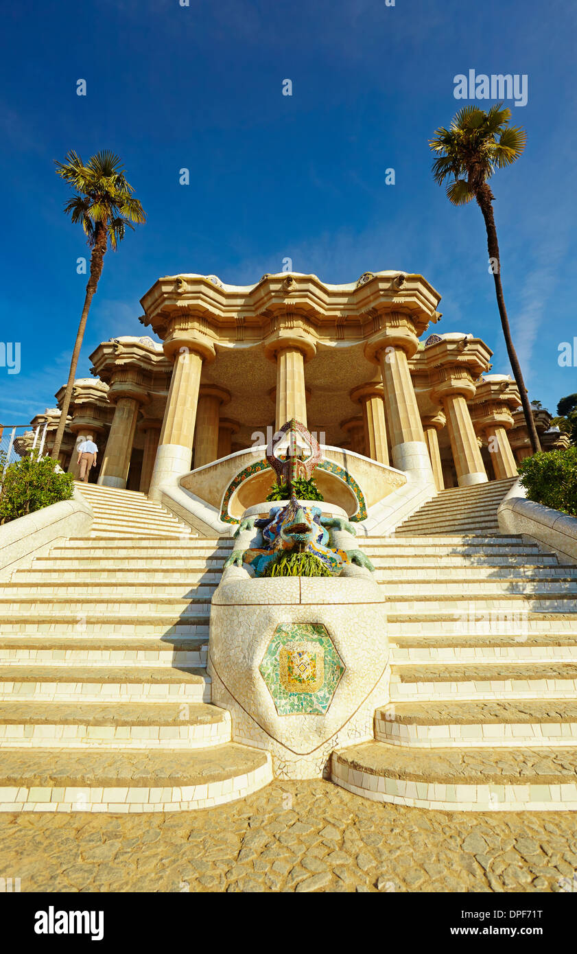 The Dragon Stairway, Parc Güell, by Antoni Gaudi. Barcelona. Catalonia. Spain Stock Photo