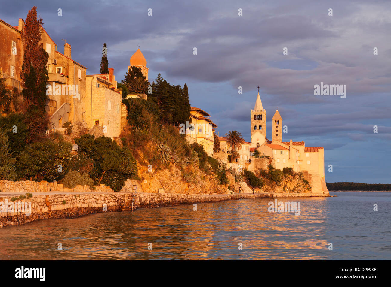 Old town of Rab town with four medieval belltowers at sunset, Rab town, Rab Island, Kvarner region, Dalmatia, Croatia Stock Photo