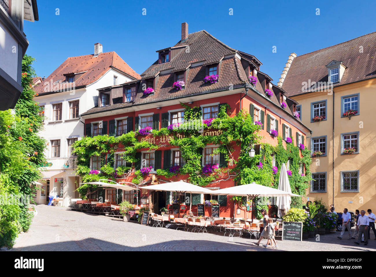 Hotel and vine tavern Lowen at the town square, Meersburg, Lake Constance, Baden Wurttemberg, Germany, Europe Stock Photo