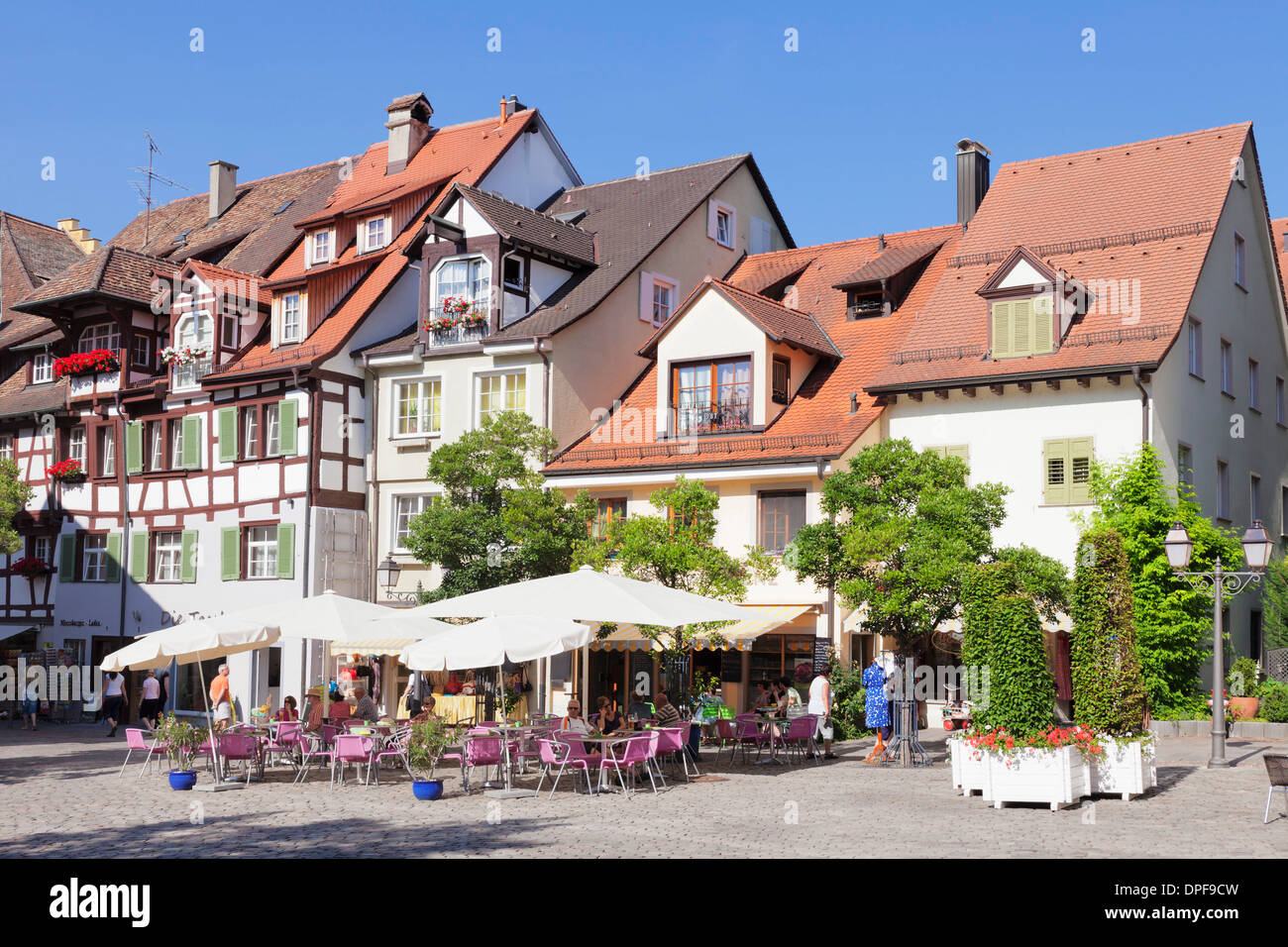 Sidewalk cafe at the Schlossplatz square, Meersburg, Lake Constance, Baden Wurttemberg, Germany, Europe Stock Photo