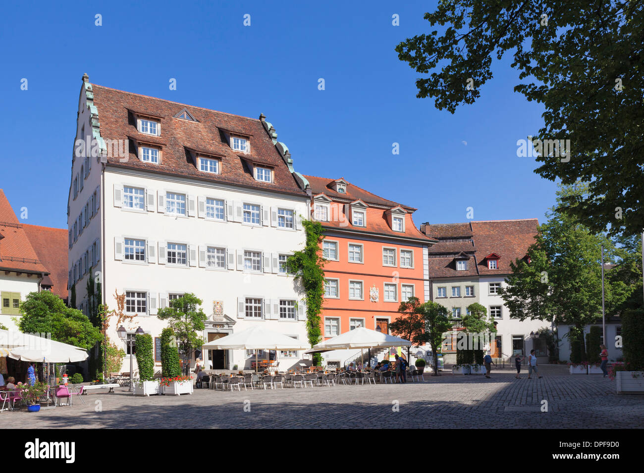 Sidewalk cafe at the Schlossplatz square, Meersburg, Lake Constance, Baden Wurttemberg, Germany, Europe Stock Photo