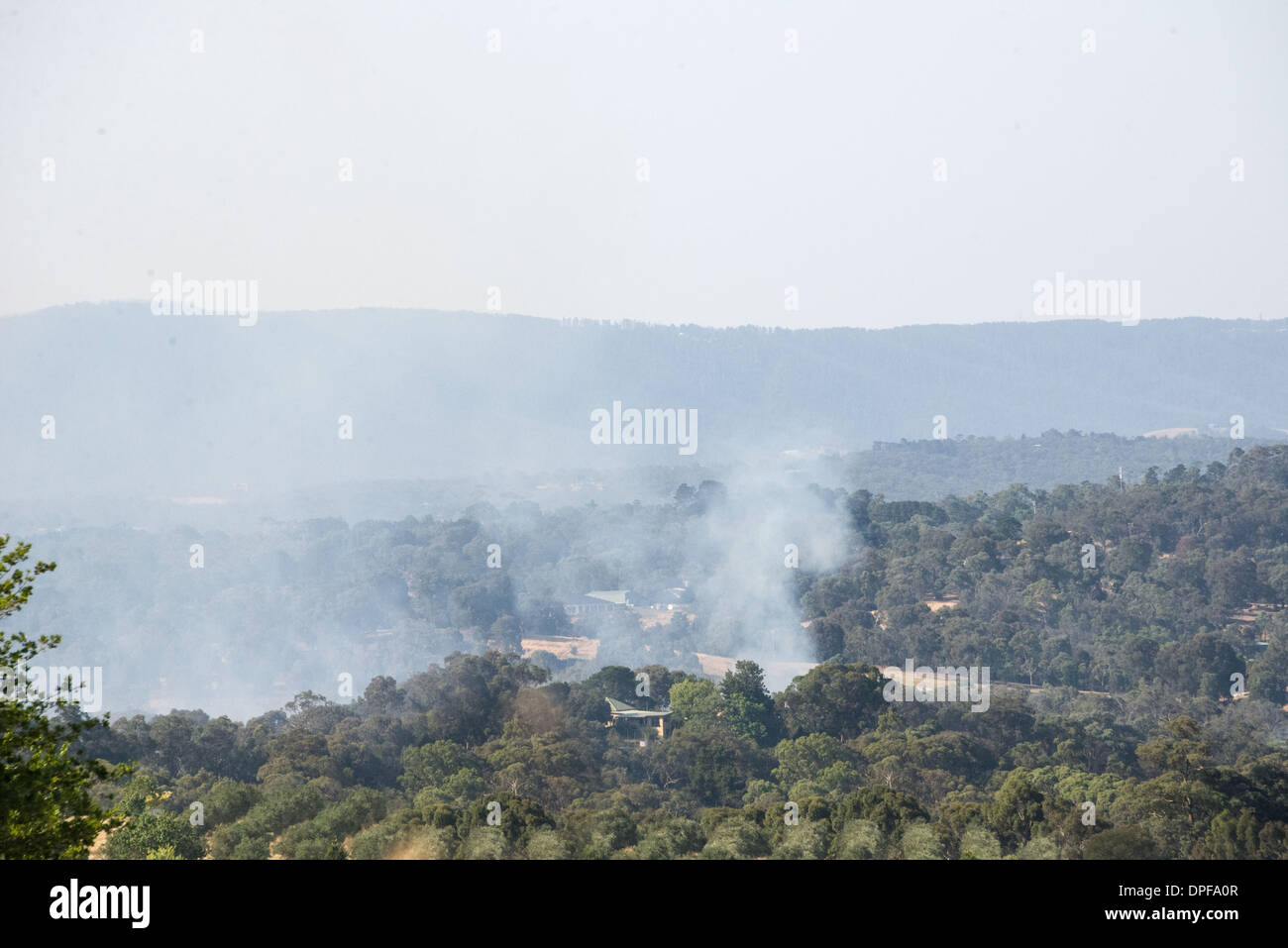 Victorian bushfires during heatwave January 2014 tempertures of 44C out of control Kangaroo Ground Panton Hill Melbourne fire Stock Photo