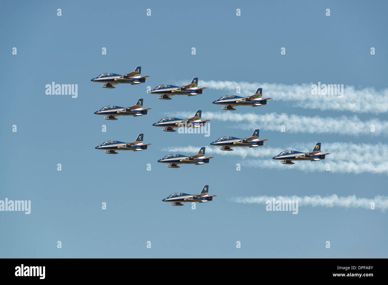 The Italian Air Force Military Aerobatic Display Team Il Frecce Tricolori begin their display routine at the 2013 RIAT Stock Photo