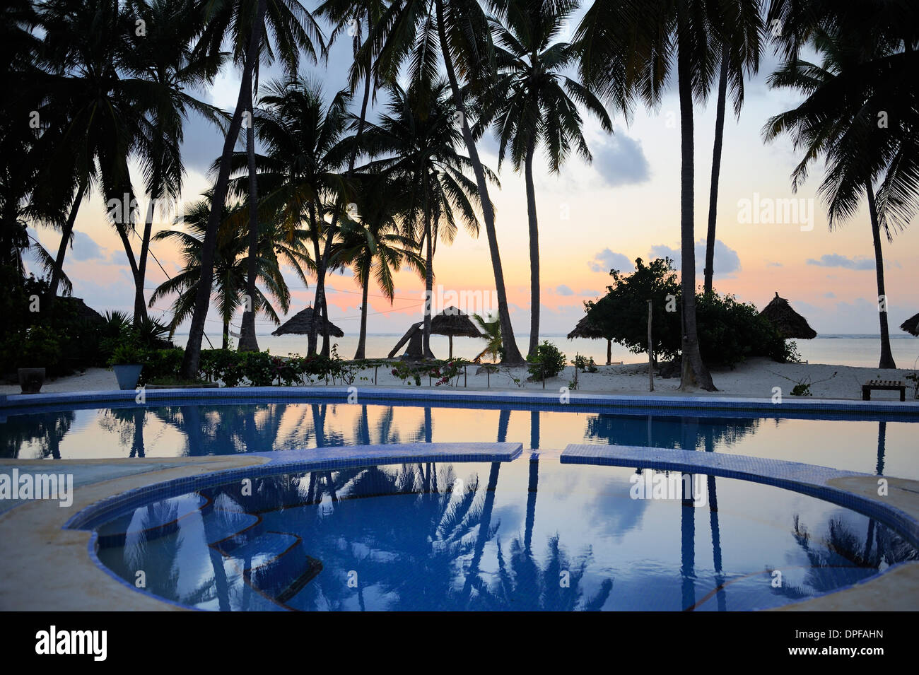 Reflection of palm trees in swimming pool at sunrise, Bwejuu Beach, Zanzibar, Tanzania, Indian Ocean, East Africa, Africa Stock Photo