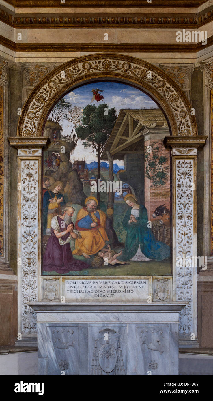 Nativite avec Saint Jerome, Bernardino Pinturichio, 1488, cardinal Della Rovere, Piazza del Popolo, Rome, Italy Stock Photo