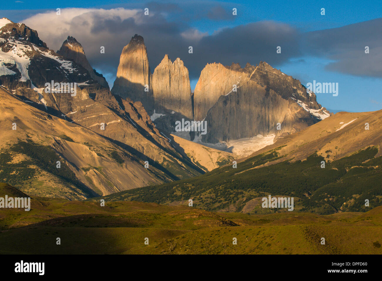Early morning light on the towers of the Torres del Paine National Park, Patagonia, Chile, South America Stock Photo