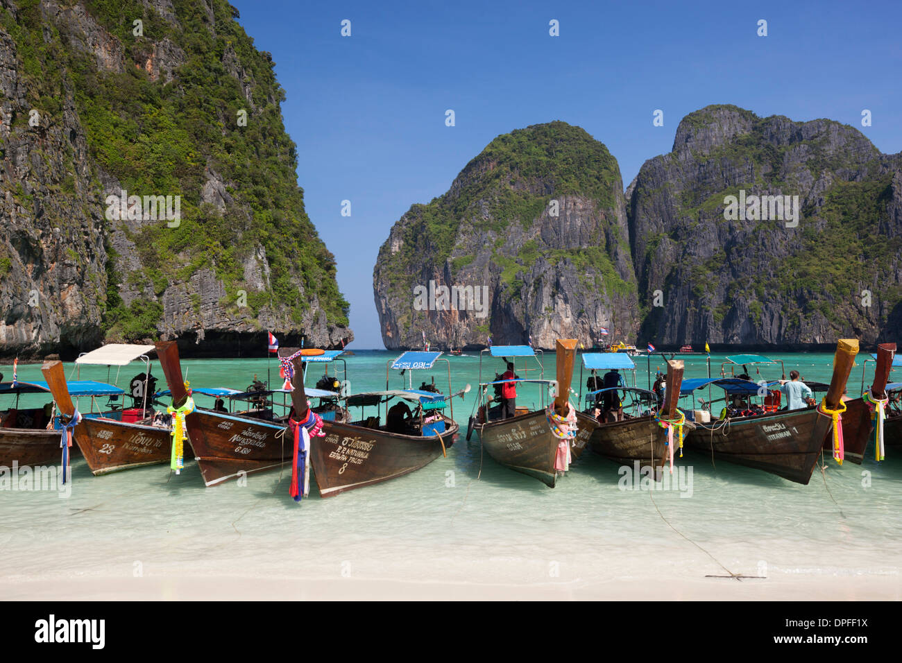 Maya Bay with long-tail boats, Phi Phi Lay, Krabi Province, Thailand, Southeast Asia, Asia Stock Photo