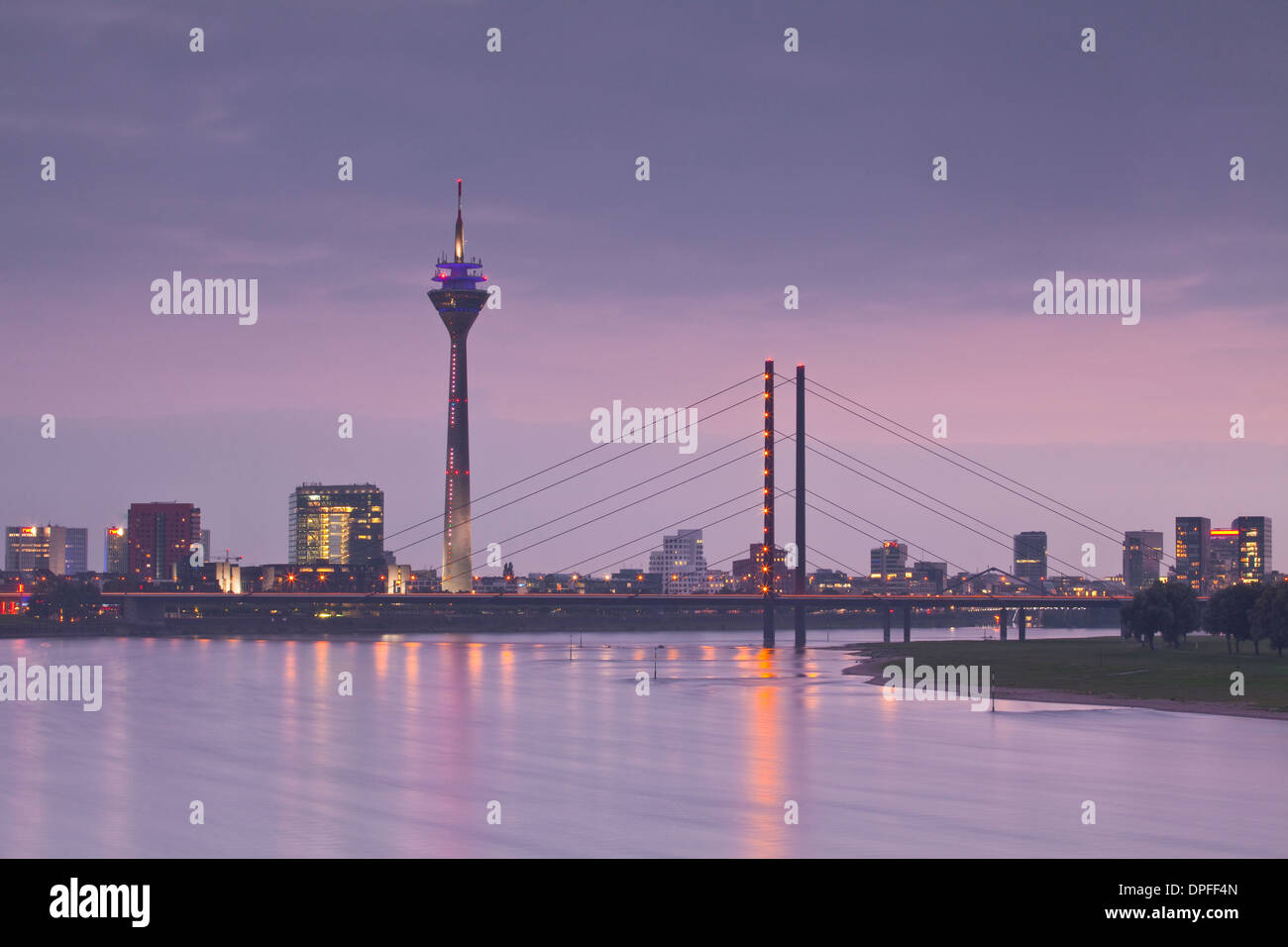 The Dusseldorf skyline at dusk, Dusseldorf, North Rhine-Westphalia, Germany, Europe Stock Photo