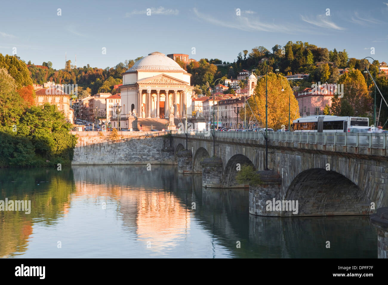 The Gran Madre di Dio church, decorated in the style of a classical temple, seen across the River Po, Turin, Piedmont, Italy Stock Photo