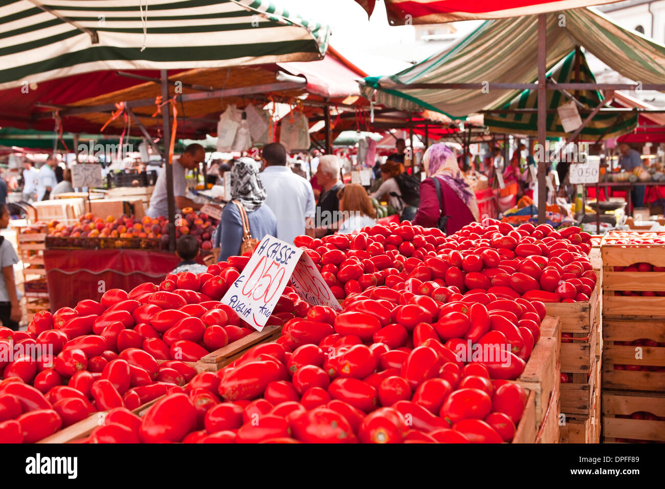 Tomatoes on sale at the open air market of Piazza della Repubblica, Turin, Piedmont, Italy, Europe Stock Photo