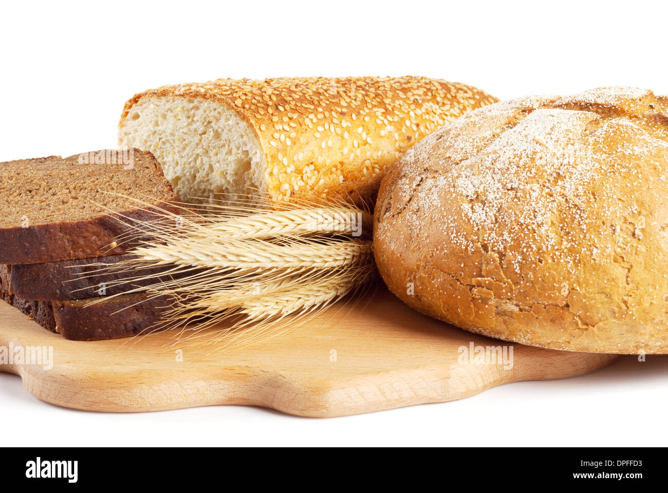 Fresh bread on kitchen board isolated on white background Stock Photo ...