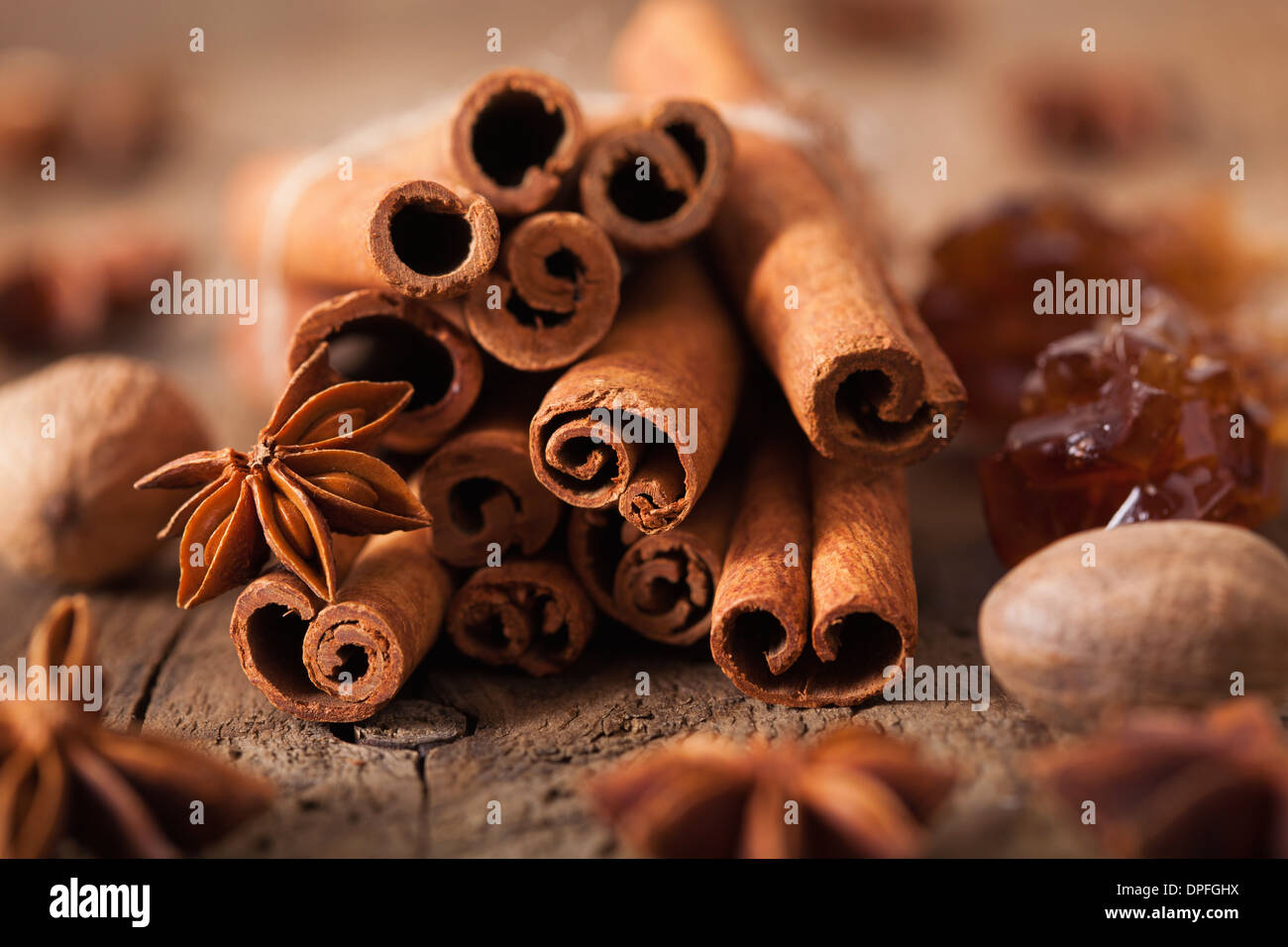 spices cinnamon anise nutmeg rock sugar Stock Photo