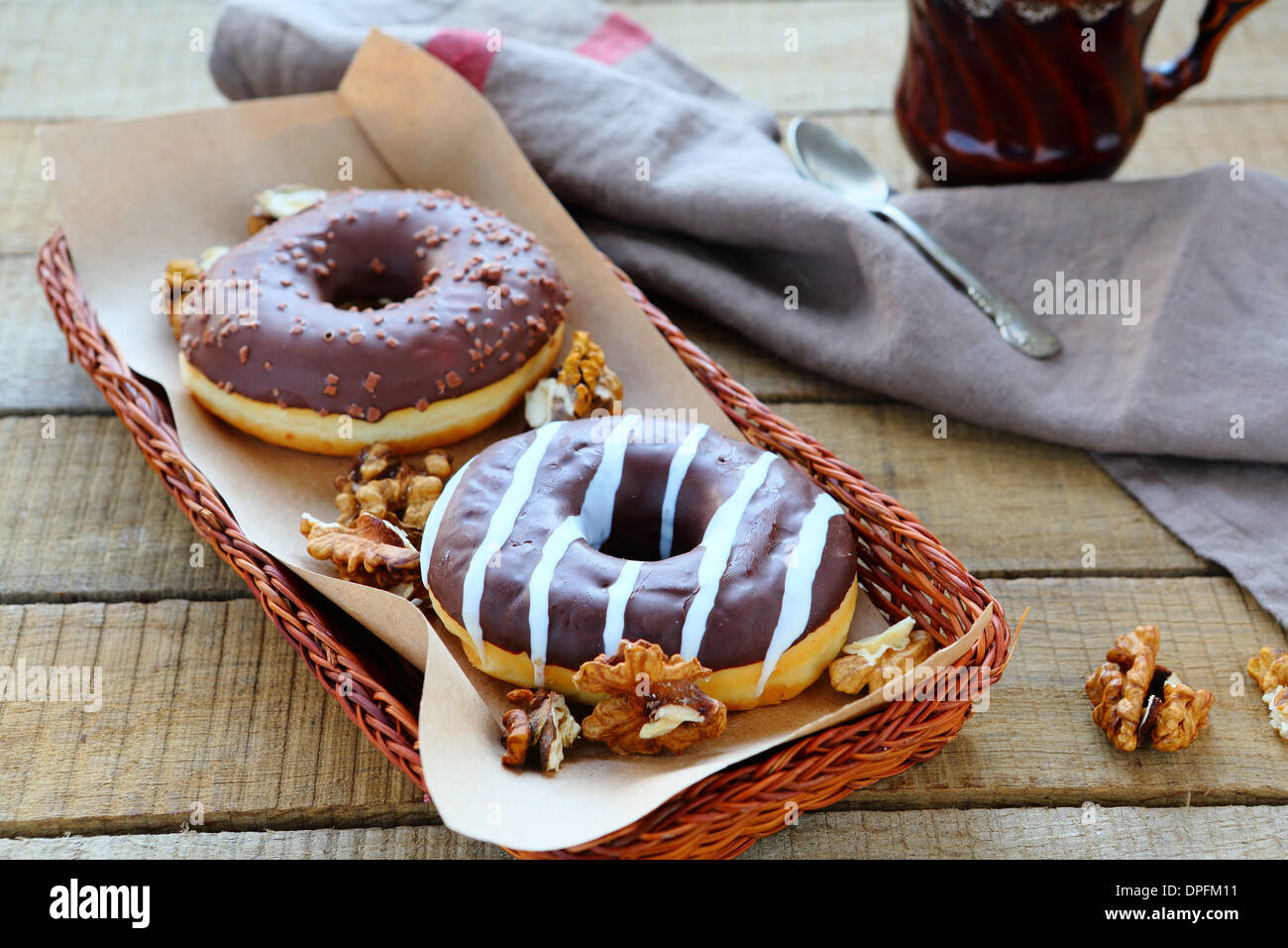 chocolate donuts for breakfast, food closeup Stock Photo