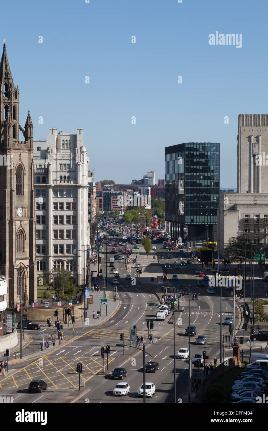 The view looking South East down The Strand in Liverpool city centre. Stock Photo