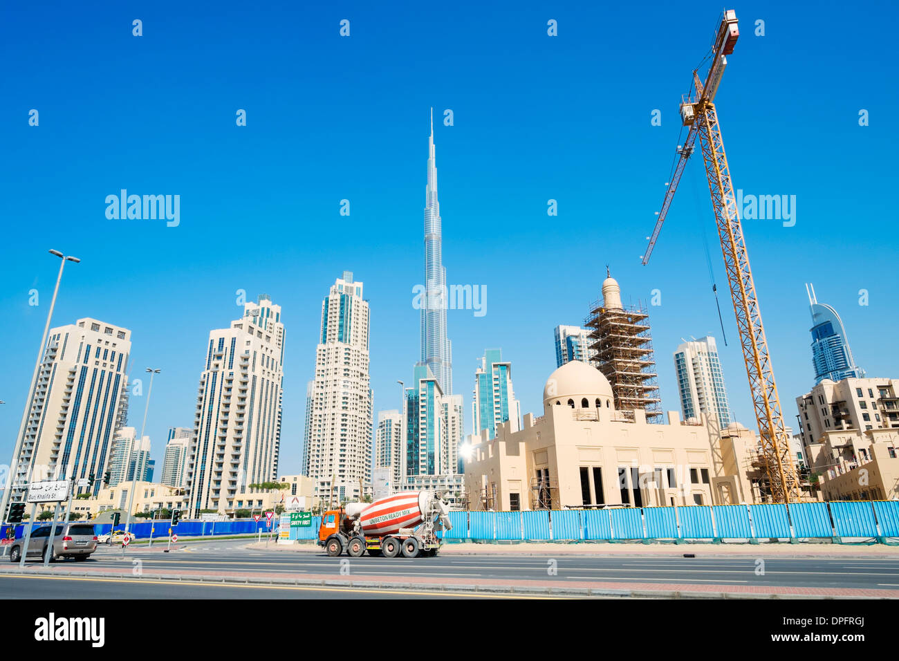Skyline of Downtown Dubai with Burj Khalifa and in Dubai United Arab Emirates Stock Photo