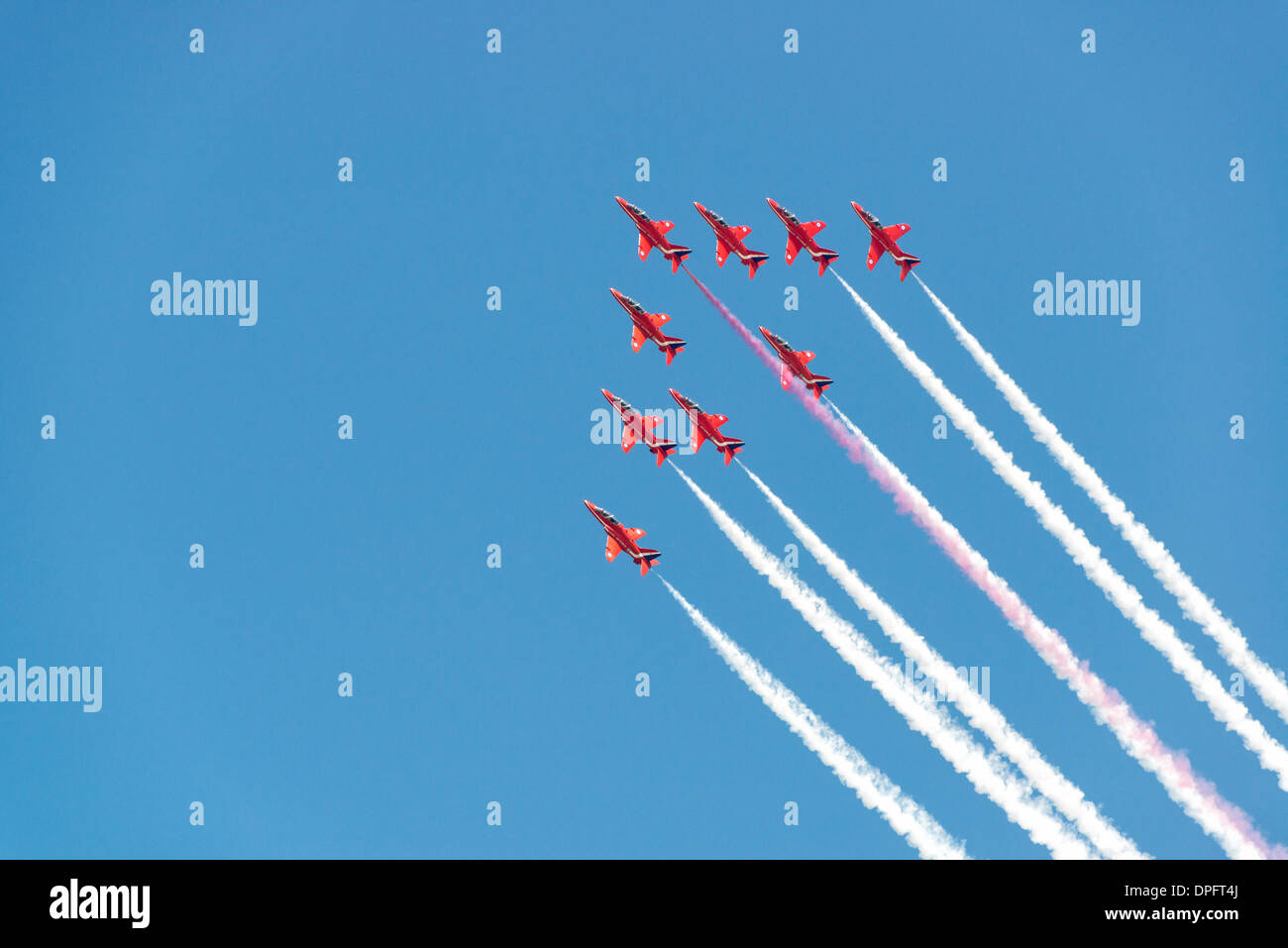 The British Royal Air Force Military Aerobatic Display team, the Red Arrows in Big Vixen Formation display at the the 2013 RIAT Stock Photo