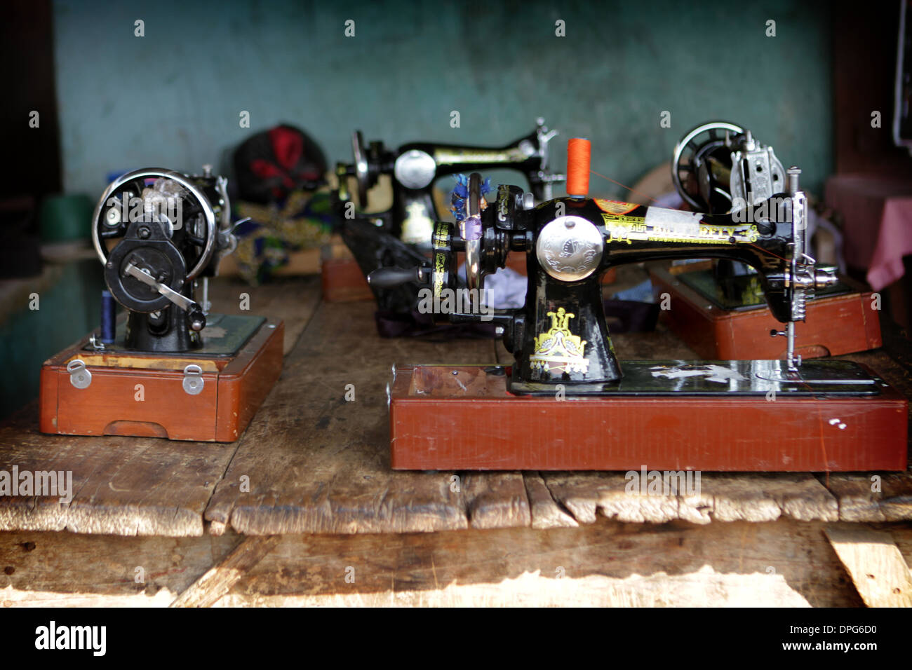 Tailor's shop in Accra, Ghana with old fashioned sewing machines Stock