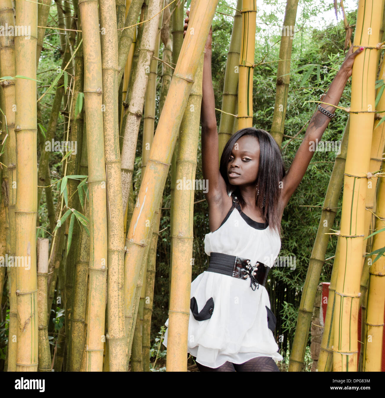 Young African woman stands between bamboo plants Stock Photo - Alamy