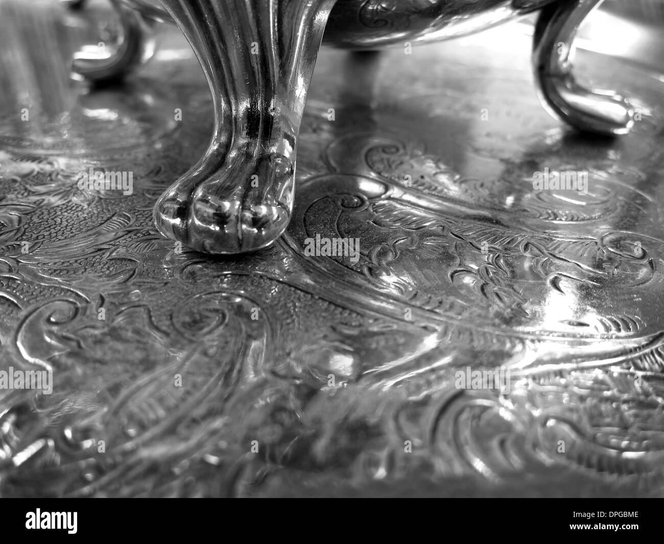 Decorative elegant silver service tray with engravings Stock Photo