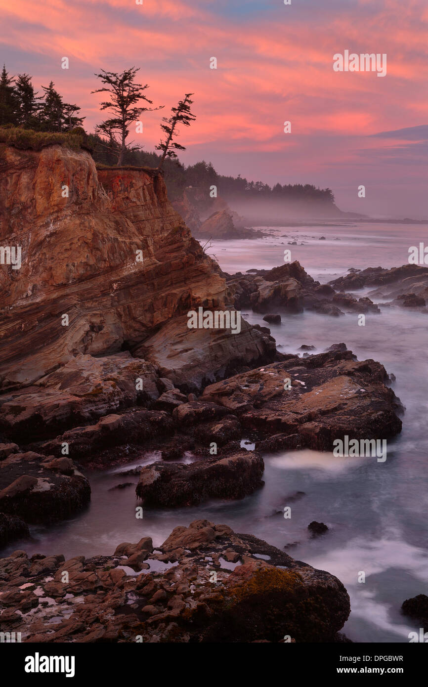 The dramatic Oregon coast line at sunrise along Shore Acres State Park and Cape Arago. USA Stock Photo