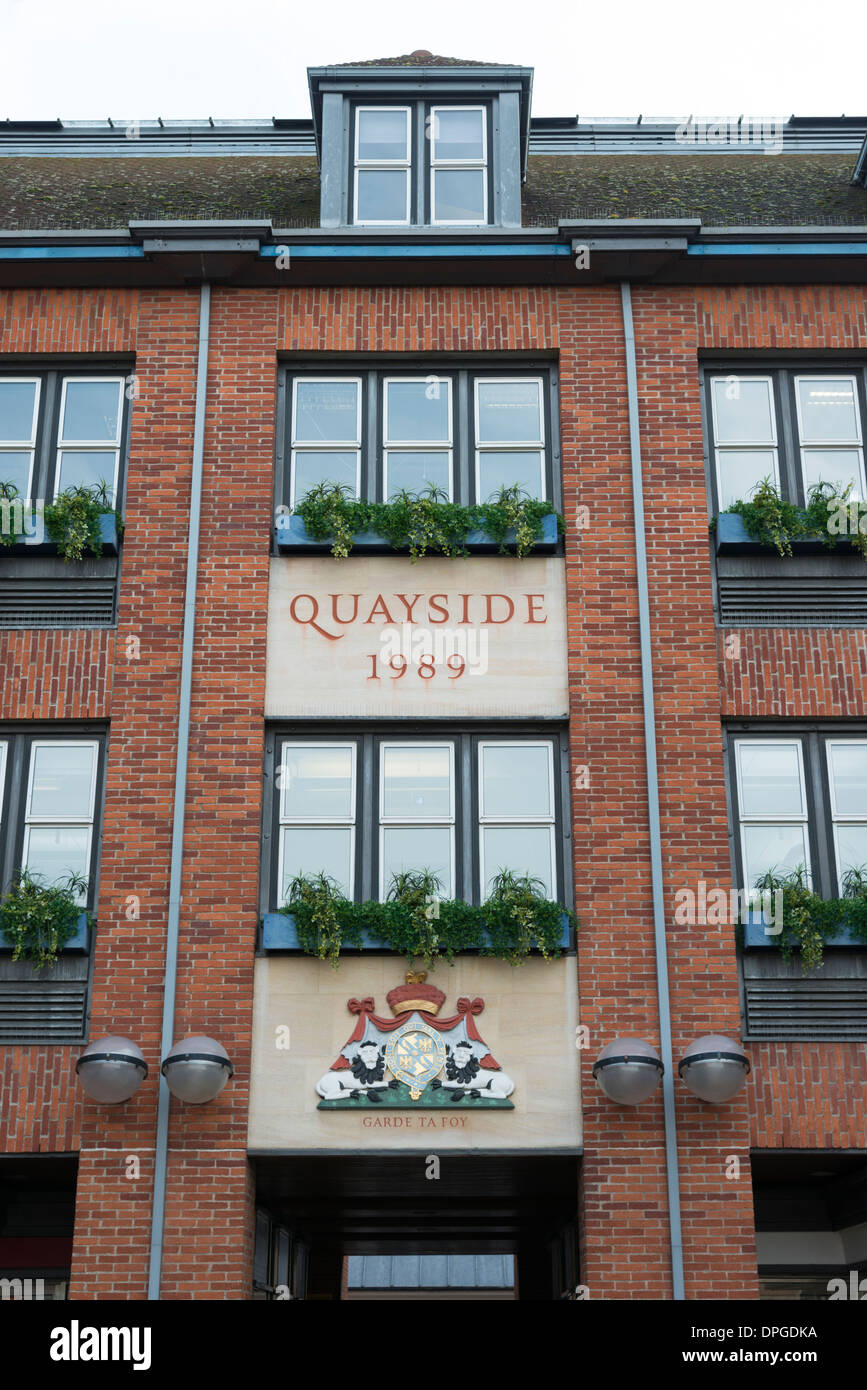 Buildings at Quayside Cambridge UK showing the commemorative plaque and date of opening. Stock Photo