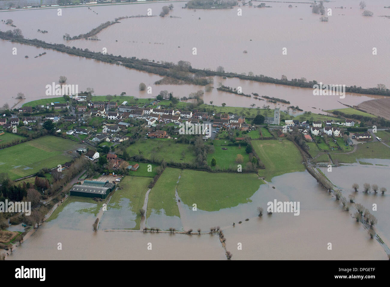 An aerial view of a small village between Taunton and Yeovil on the Somerset Levels Stock Photo