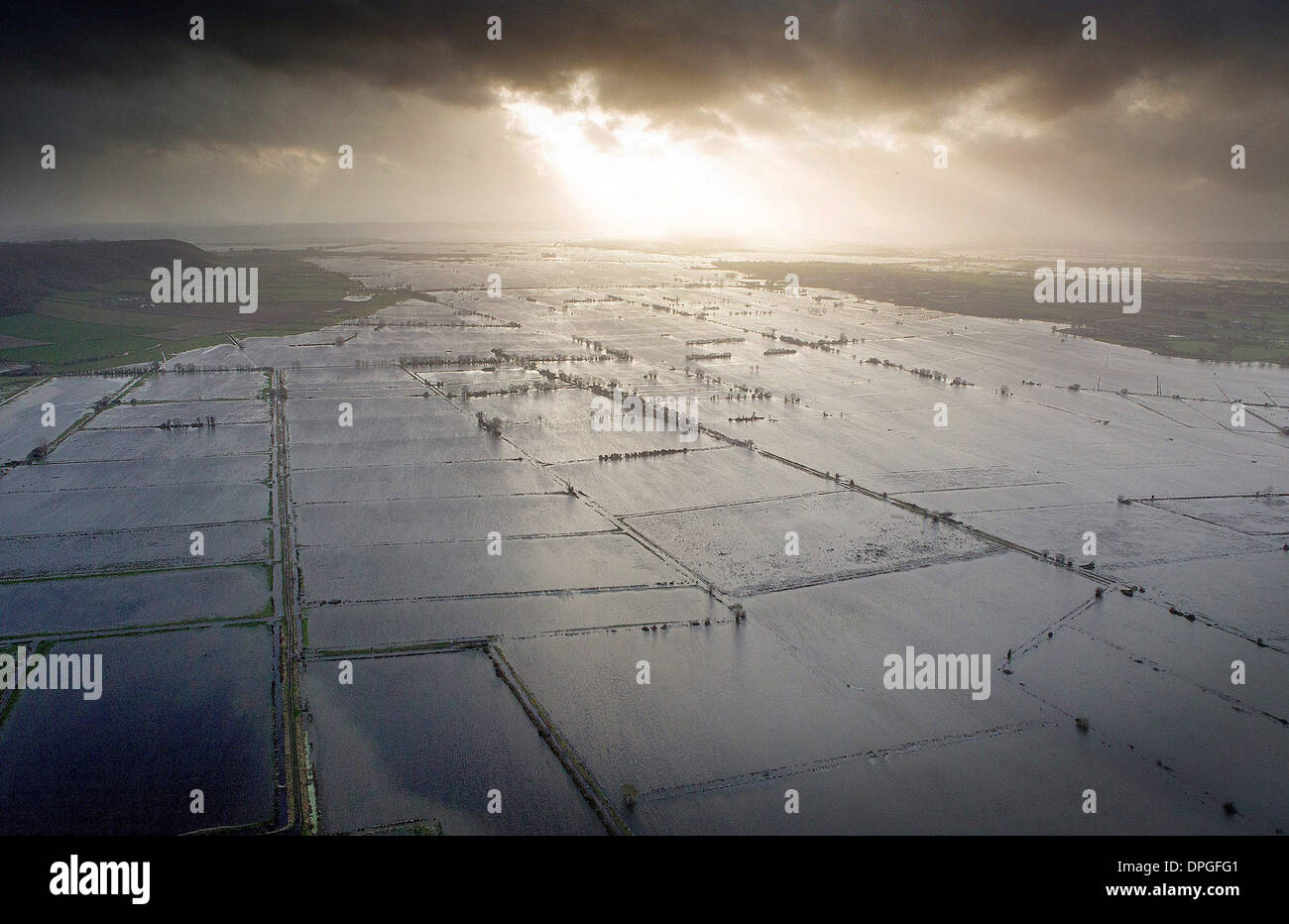 An aerial view of the Somerset Levels which shows the true extent of the flooding in the South West, Stock Photo