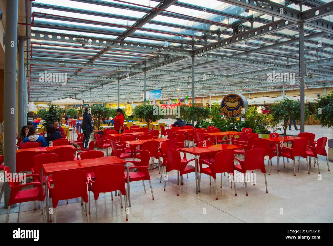 Restaurant area seating Lingotto centre the former converted Fiat factory buildings by Renzo Piano, Lingotto district, Turin Stock Photo